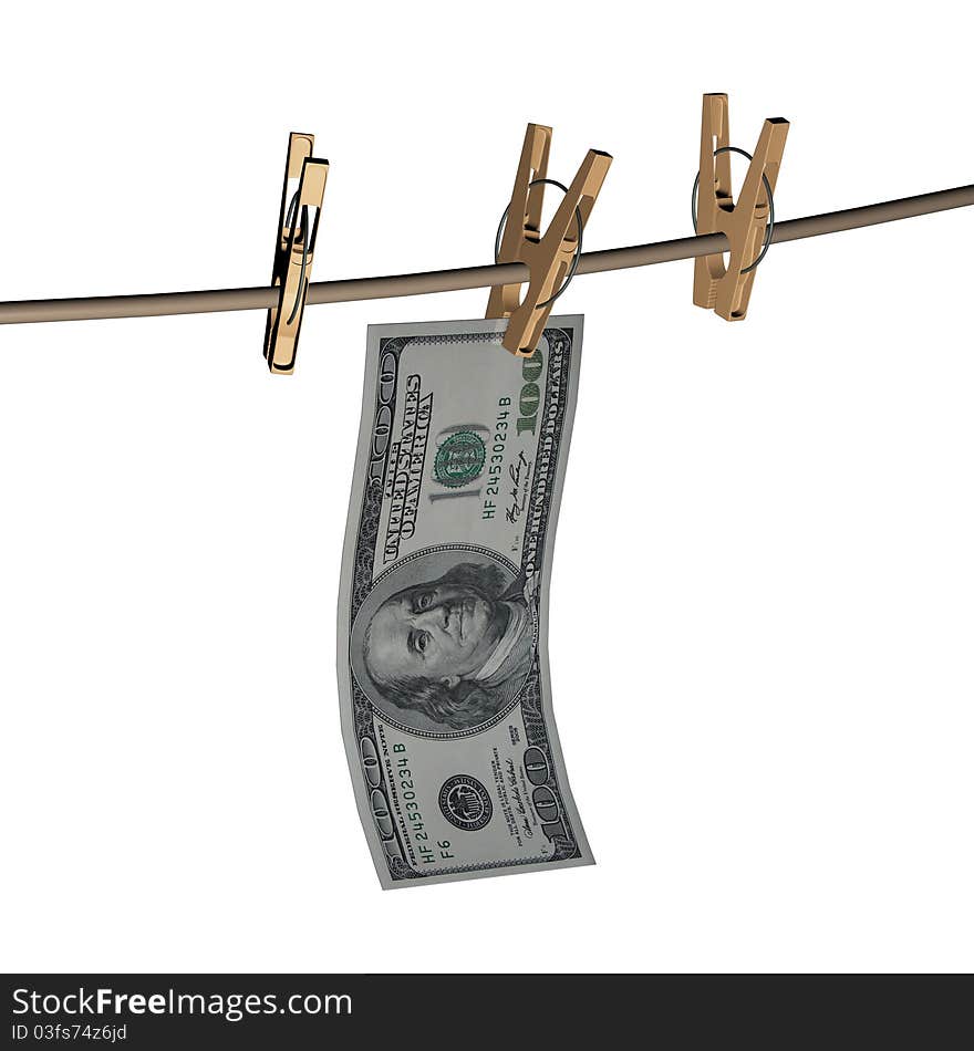 3d dollar is hanging on a wooden clothespin