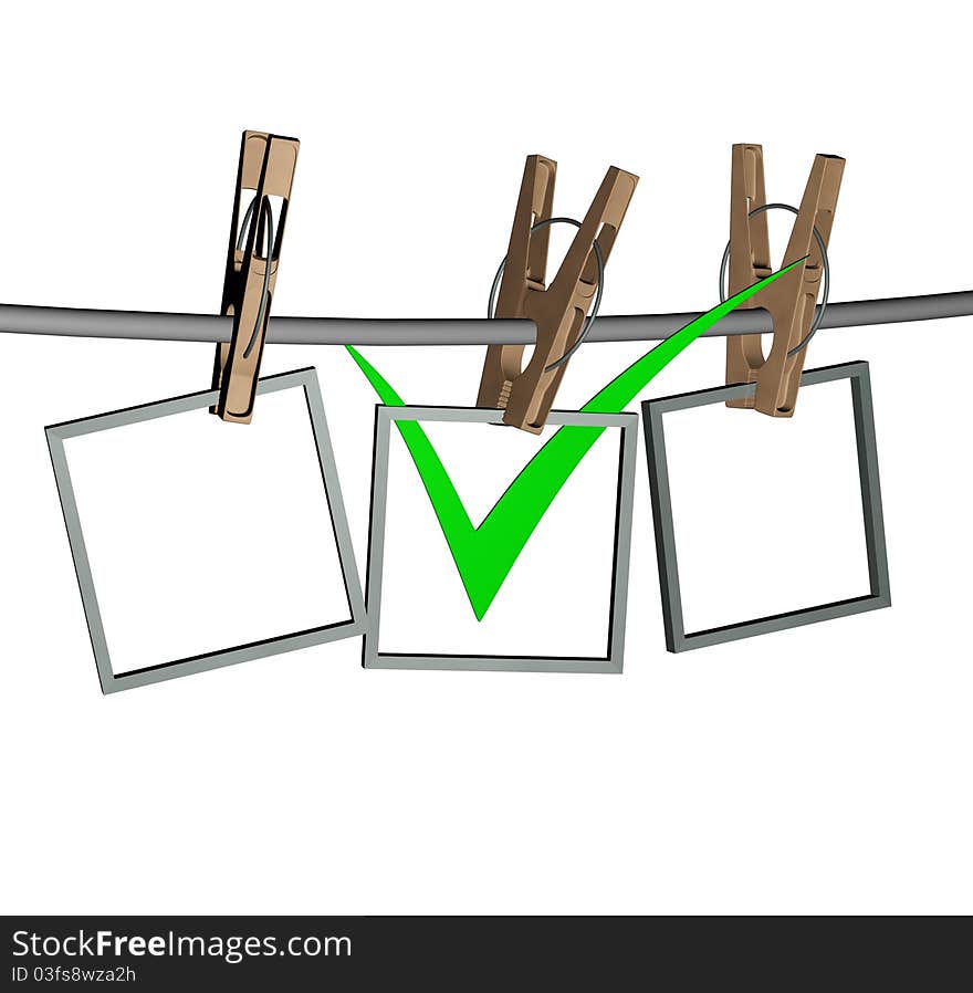 3d green check mark, hangs on the clothespin