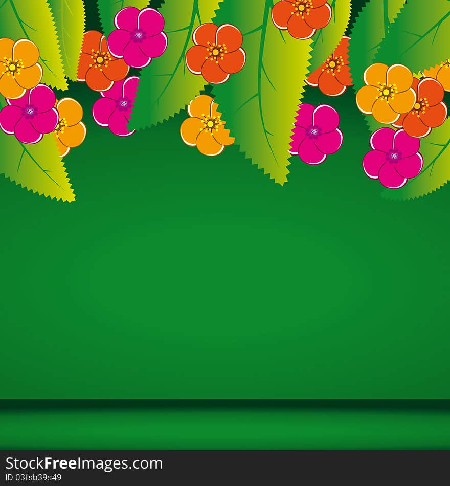 The green background with leaves and flowers. The green background with leaves and flowers