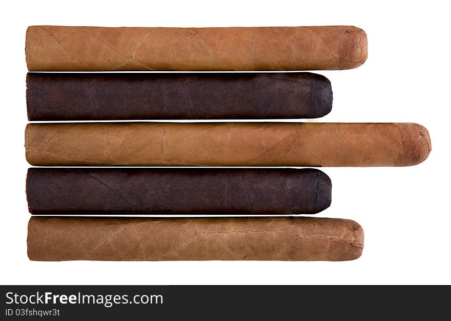 Five cigars on a white background.