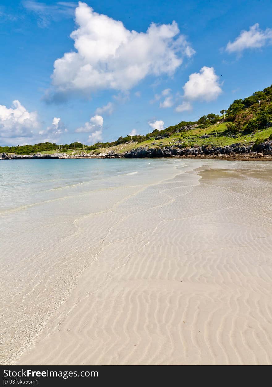 Stretch of beach and blue sky