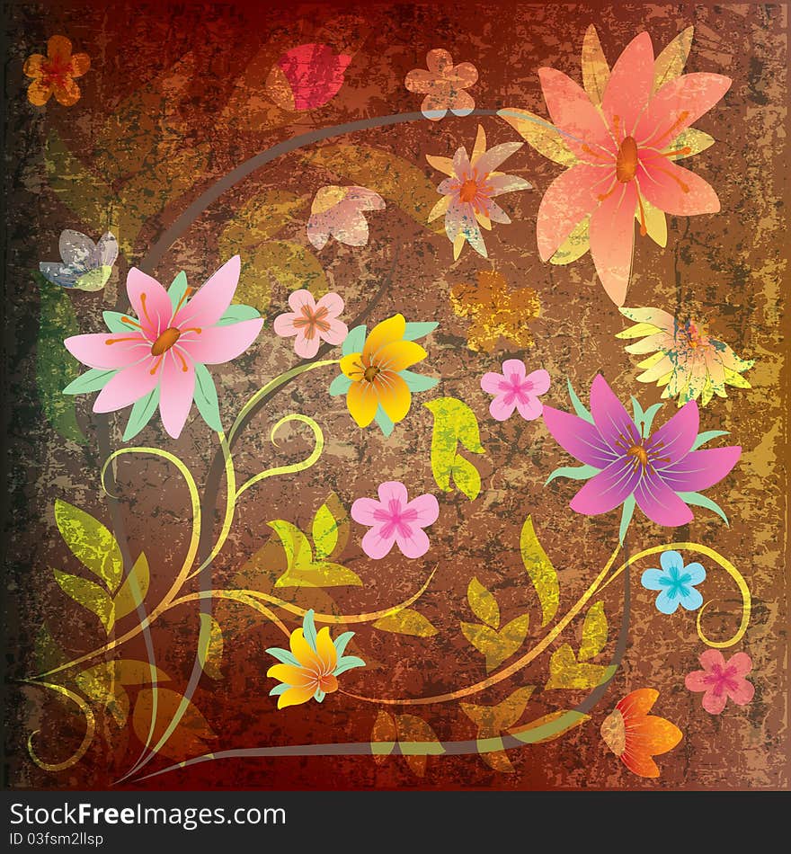 Abstract grunge floral background with flowers on red