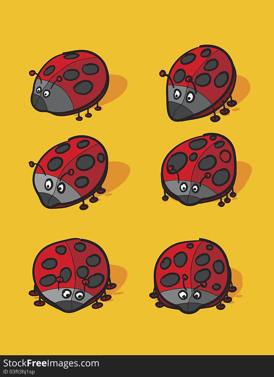 Lady bugs cartoon over yellow background, abstract vector art illustration