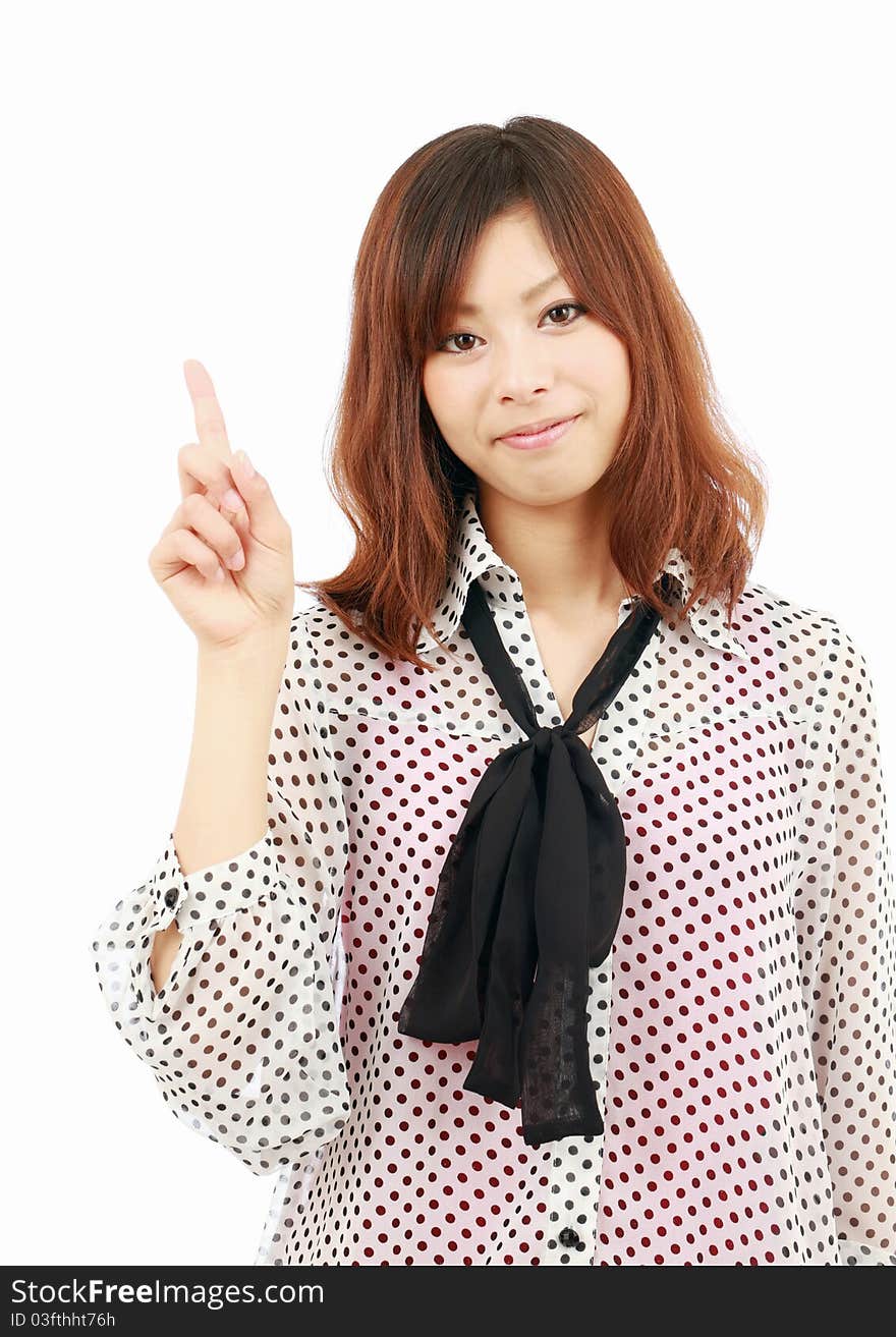 Portrait of young japanese business woman pointing. Portrait of young japanese business woman pointing