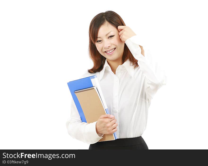 Portrait of young japanese businesswoman holding a folder. Portrait of young japanese businesswoman holding a folder