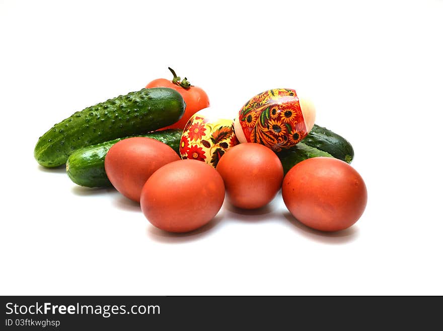 Photo of colored eggs and vegetables. Photo of colored eggs and vegetables