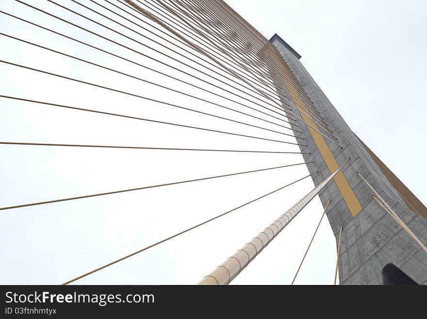 Rope bridges and towers. Cable sling arrangement stretches out