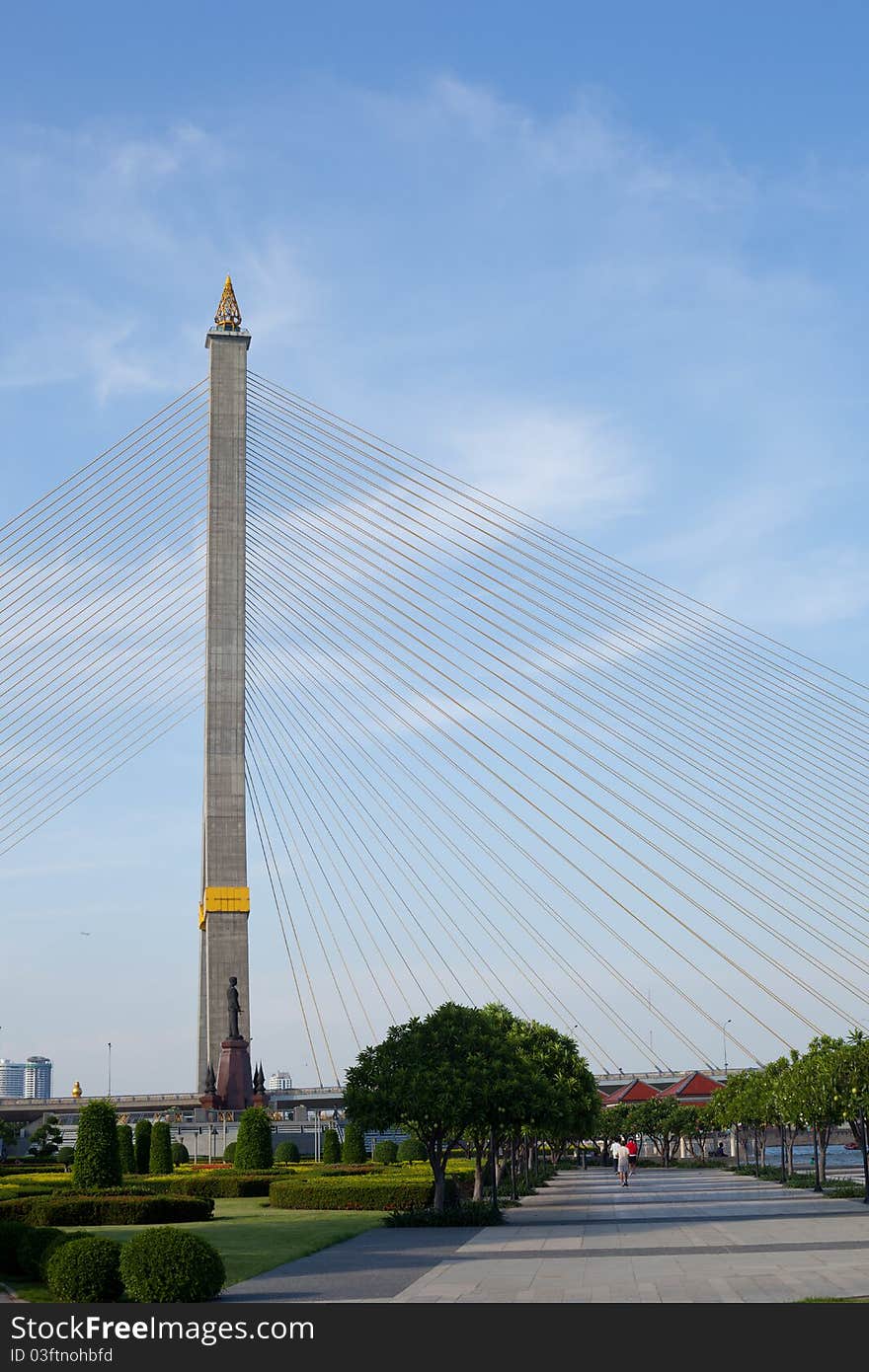 Rope bridges and towers. Cable sling arrangement stretches out