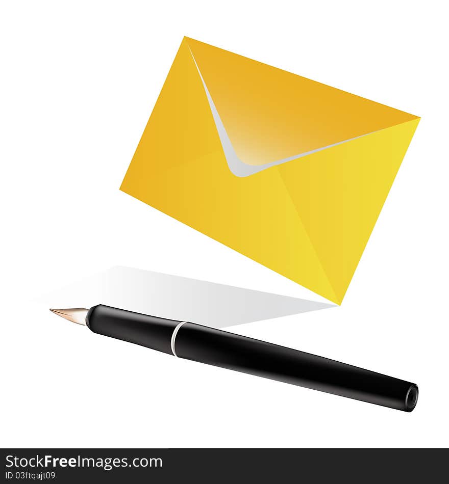 Post yellow envelope and the pen isolated on a white background. Post yellow envelope and the pen isolated on a white background