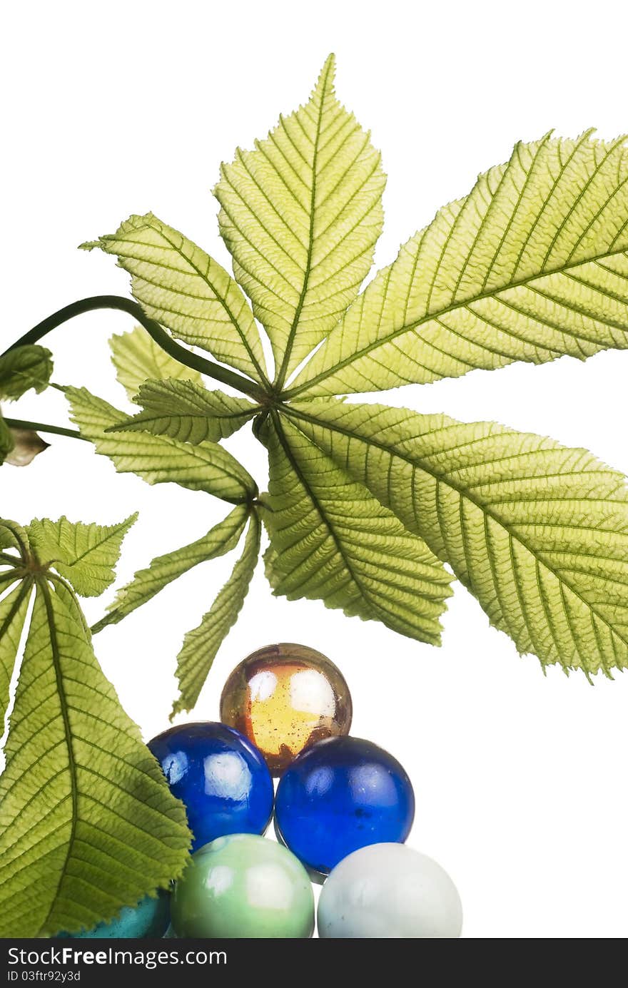 Leaf of horsechestnut and glass balls isolated on white