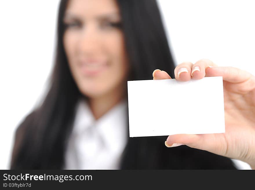 Young woman with horizontal bussiness card against white background