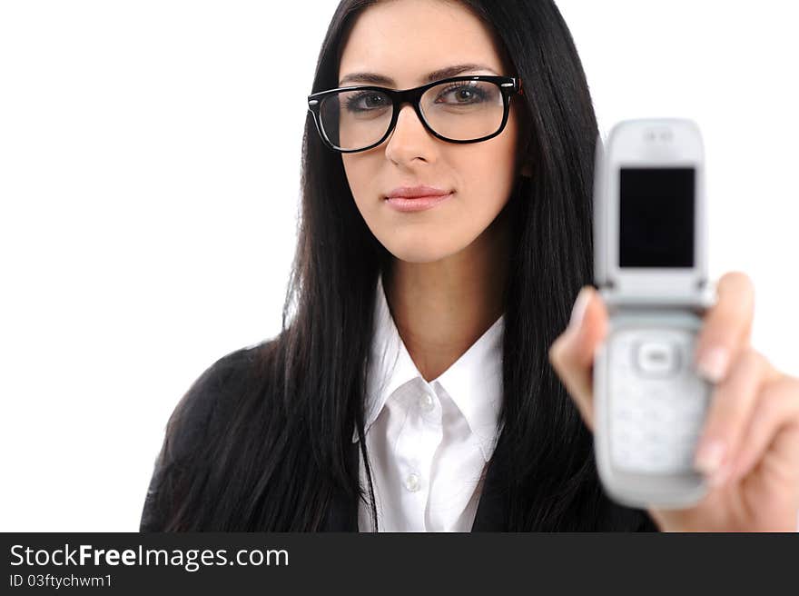 A lovely young woman with glasses showing mobile phone