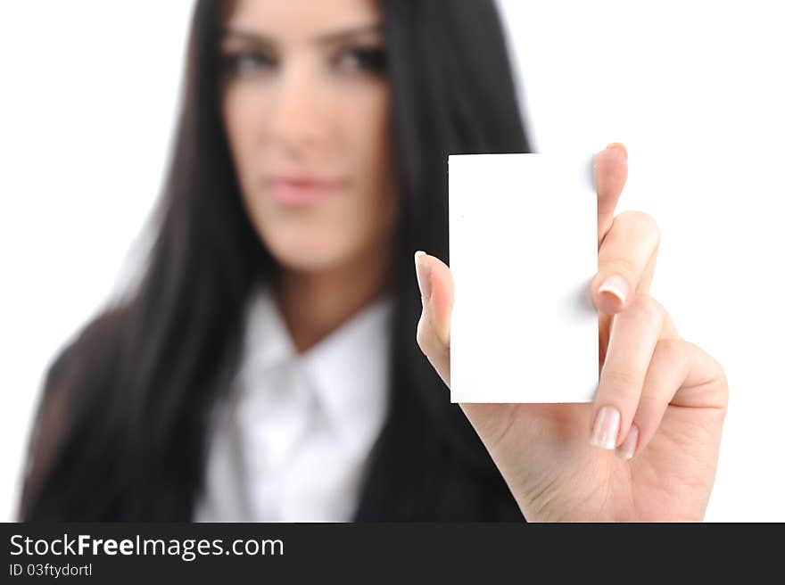 Young woman with vertical  bussiness card