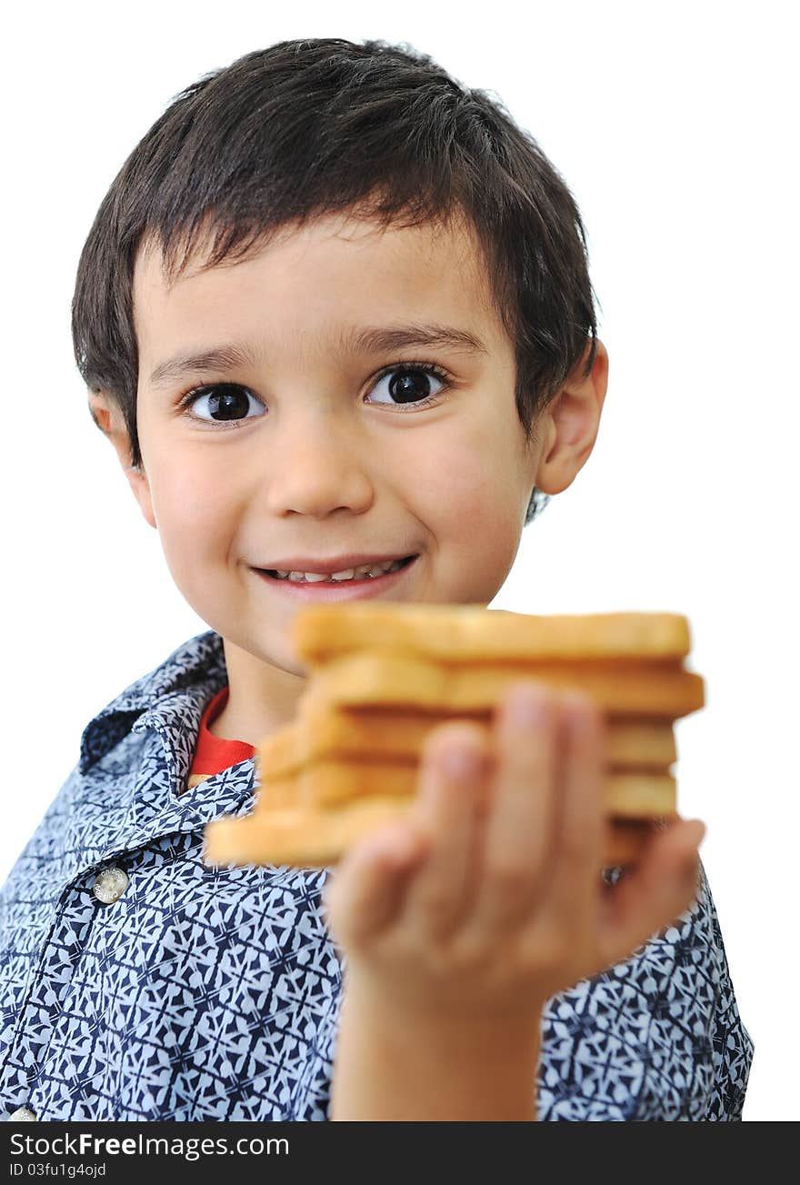 Kid with bread isolated in white