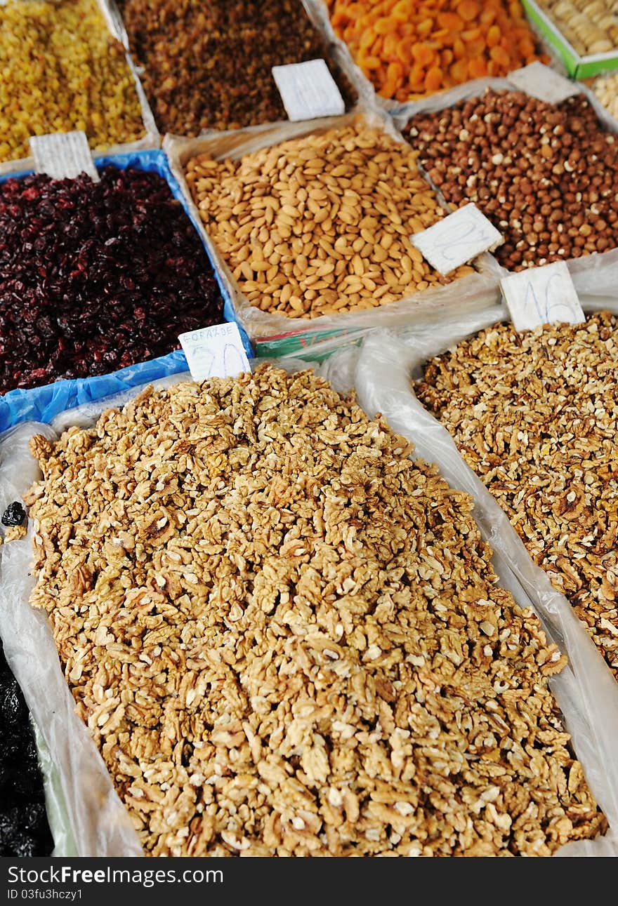 Dried fruits on market place