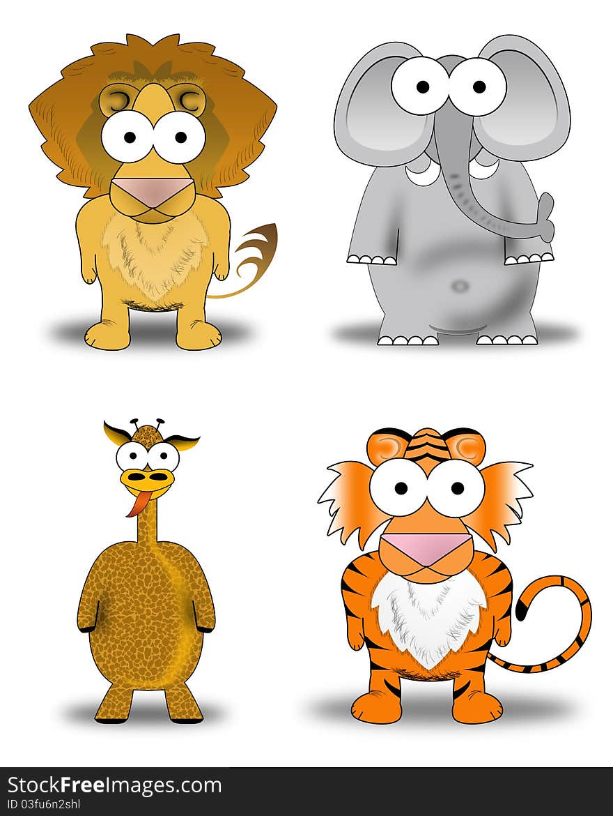 Four wild animals. lion, tiger, elephant, giraffe. drawn withcartoon style