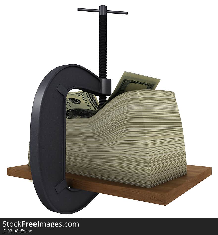 Clamp presses the money to a wooden board. 3d rendering