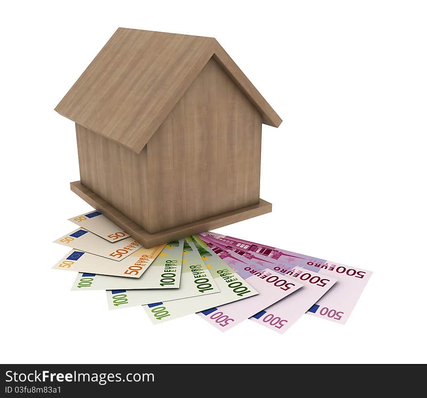 A small wooden house stands on the banknotes of th