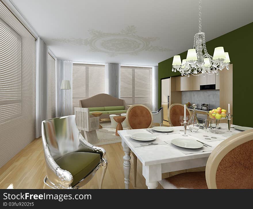 Digitally generated image of an elegant dining room