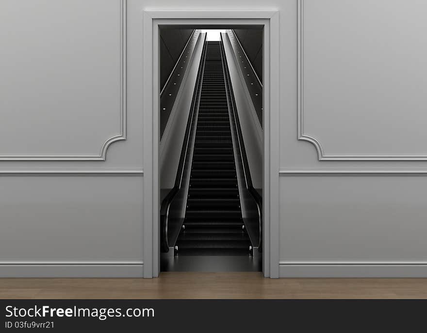 Staircase rising up the escalator. 3d rendering