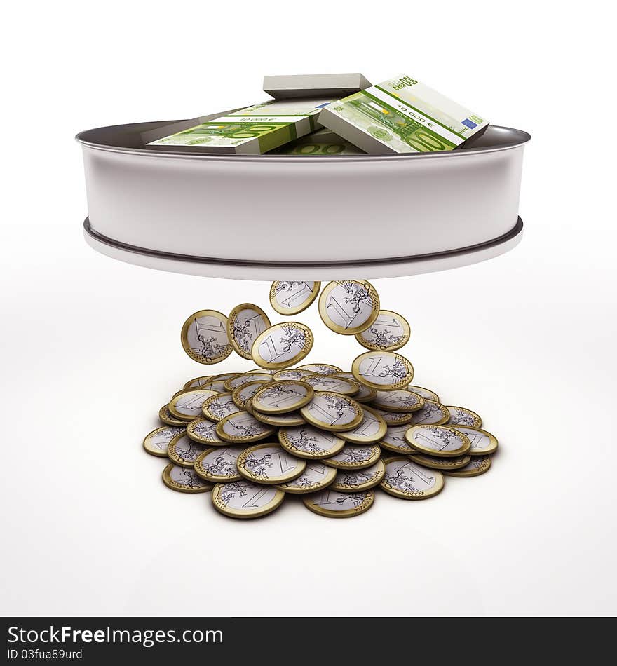 Sieve sieving euro money coins.3d rendering