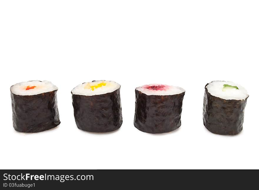 Four fresh Maki Rolls arranged horizontally over white. Four fresh Maki Rolls arranged horizontally over white