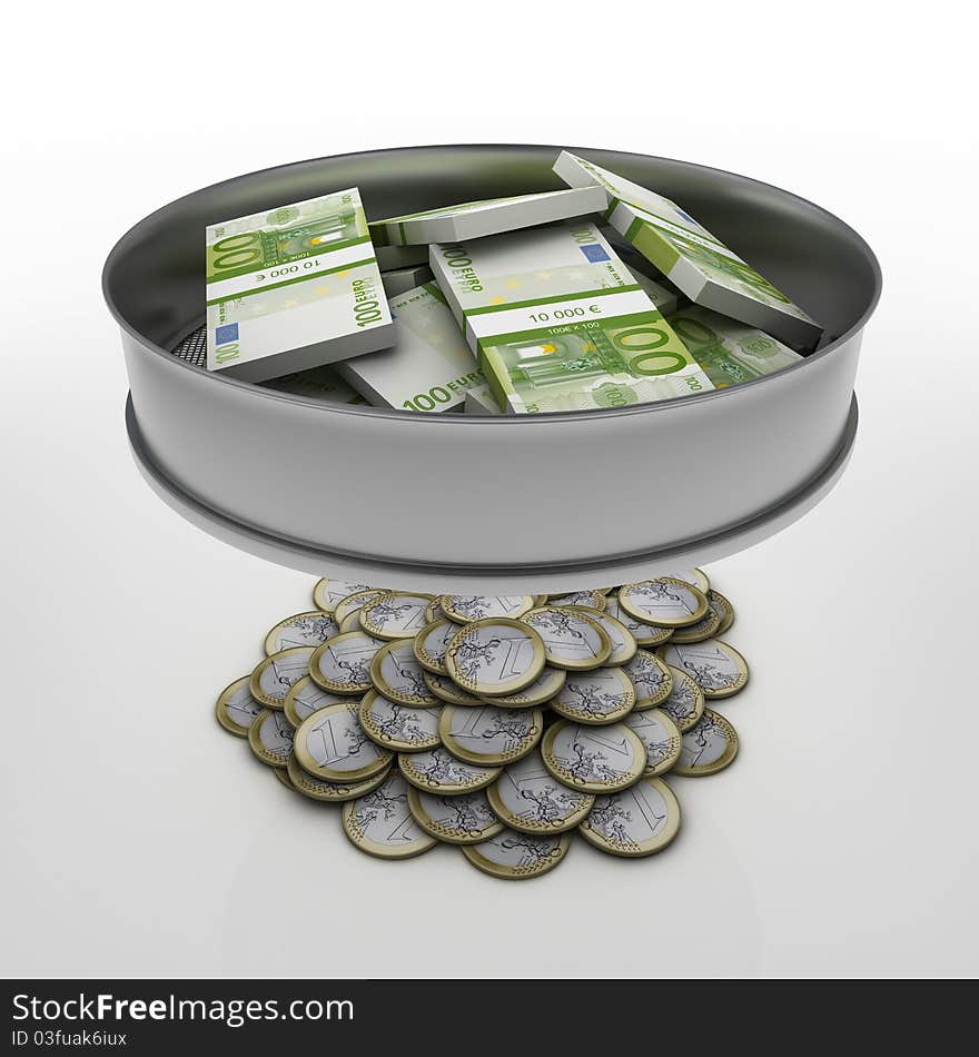 Sieve sieving euro money coins.3d rendering