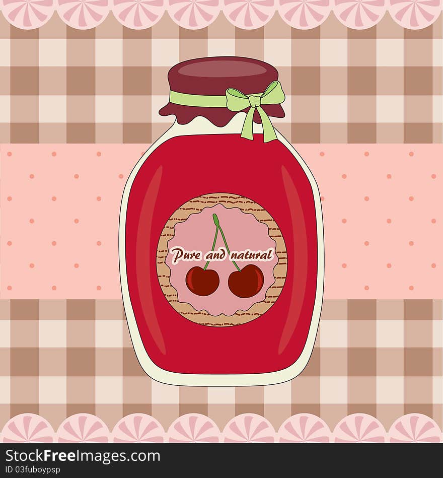 Jar with cherry jam on background