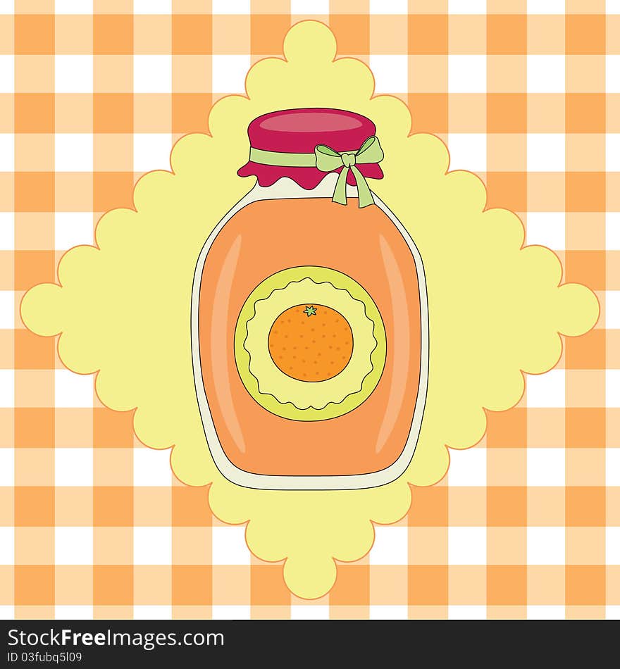 Jar with orange jam on background