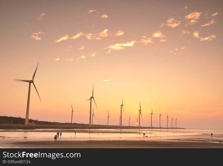 The sunset at the wind-power station