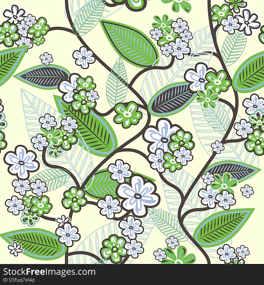 Green Vector seamless background with leafs and flowers. Green Vector seamless background with leafs and flowers