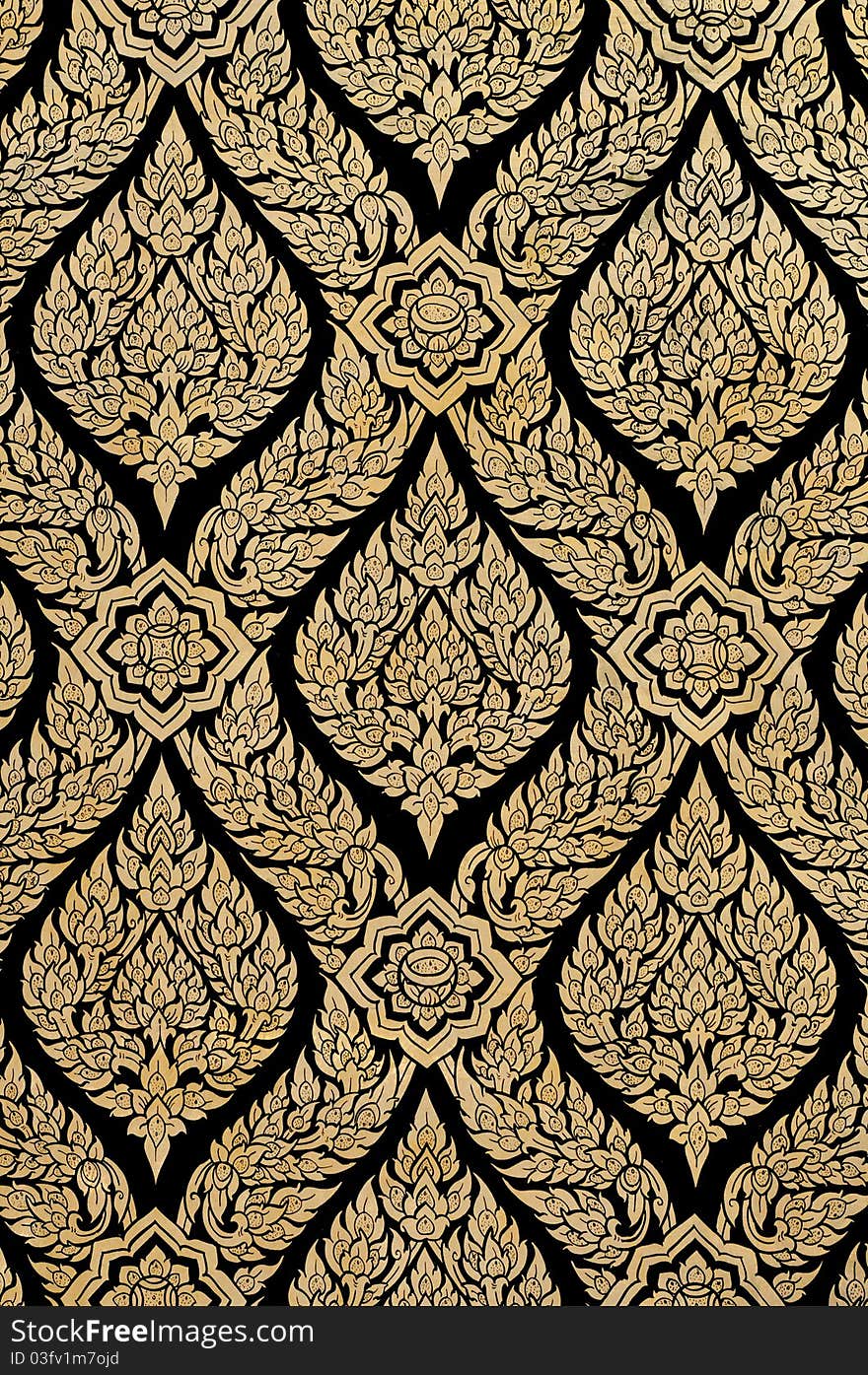 Old Thai design using gold on black adhesive from trees. Old Thai design using gold on black adhesive from trees