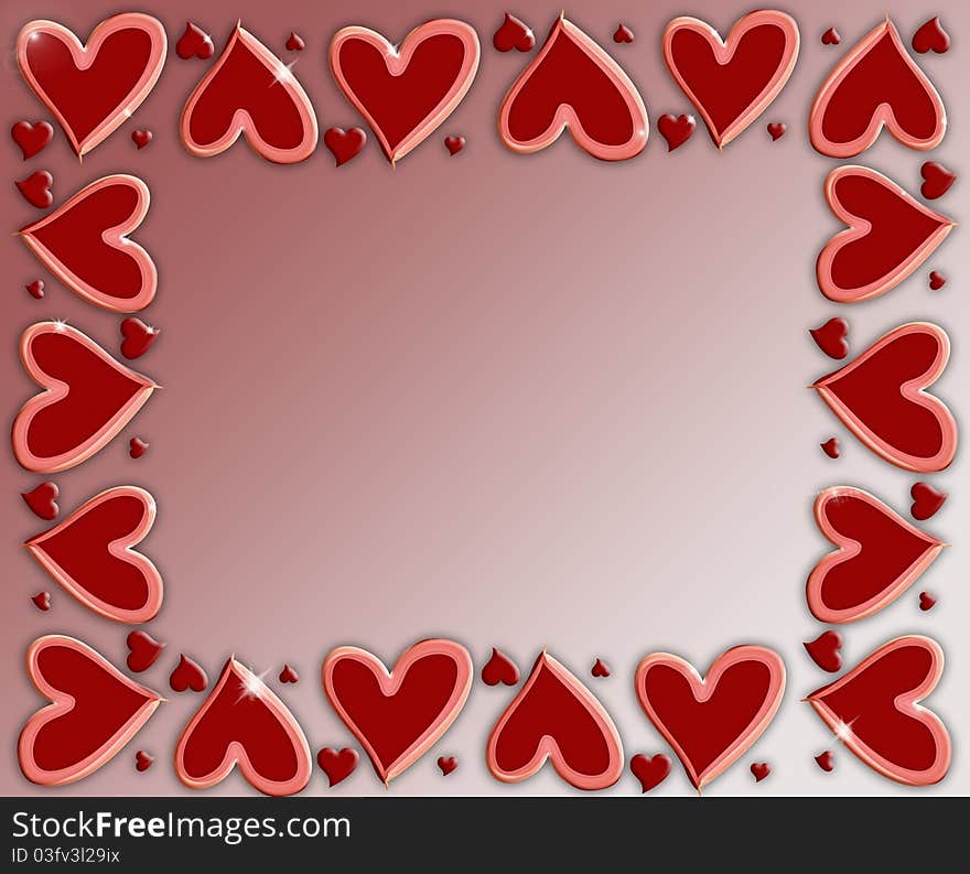 Frame made of red sparkling hearts. Frame made of red sparkling hearts