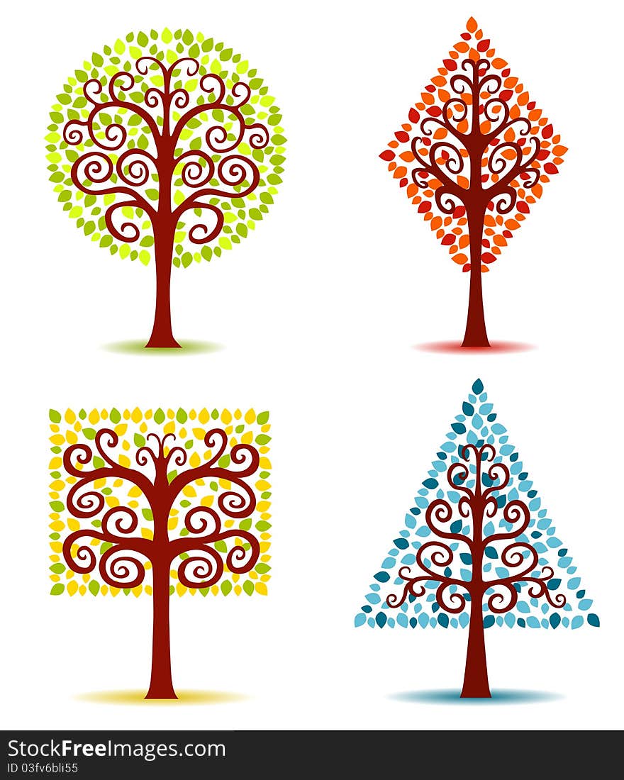 Four geometrical trees. Vector illustration. Isolated on white.