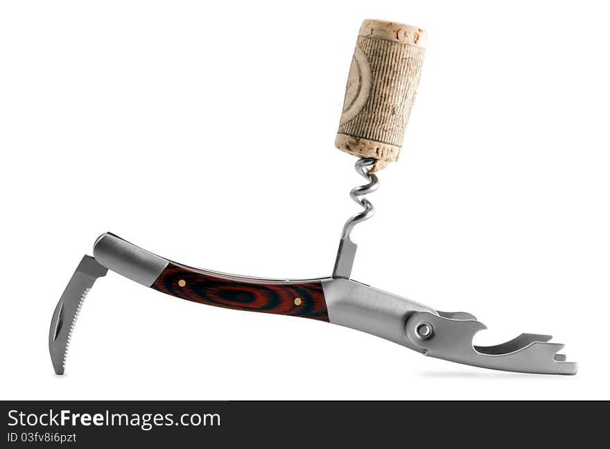 Modern metal corkscrew on a white background