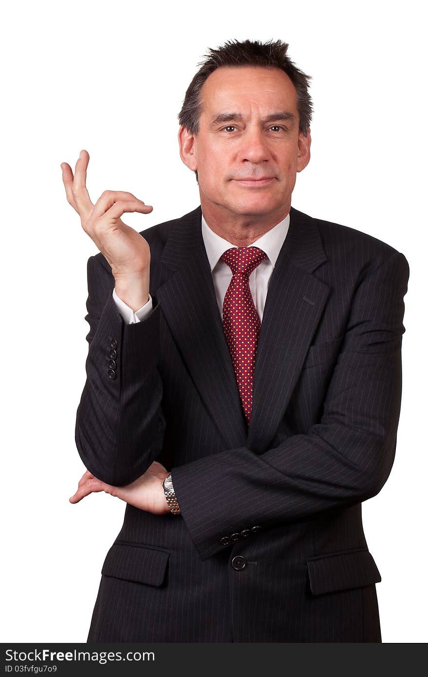 Attractive Smiling Middle Age Business Man in Suit Gesturing with Hand. Attractive Smiling Middle Age Business Man in Suit Gesturing with Hand