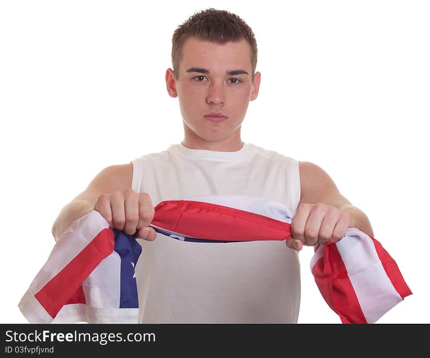 An isolation of an athletic young man holding an american flag. An isolation of an athletic young man holding an american flag.