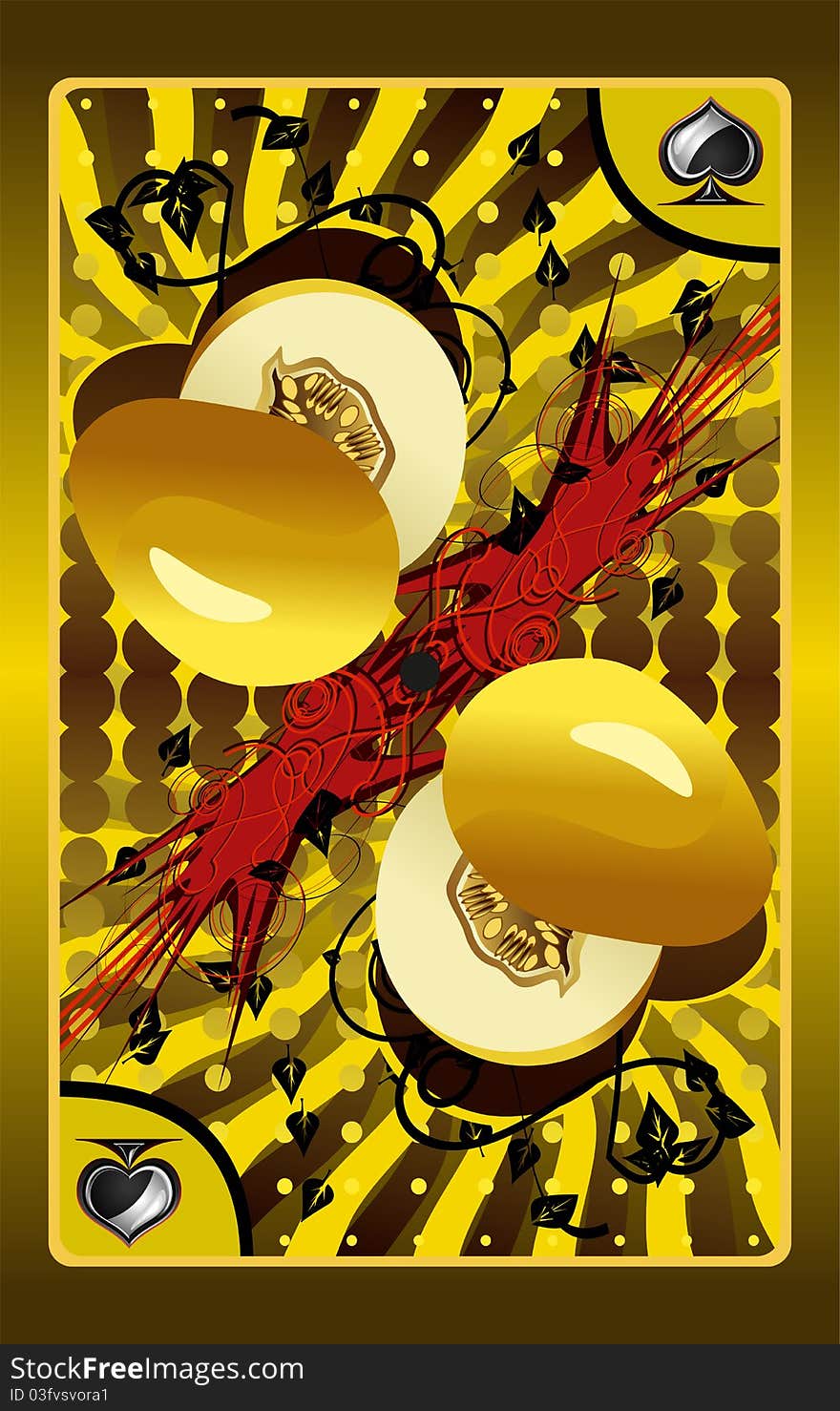 Playing card in yellow colors with images melons. Playing card in yellow colors with images melons