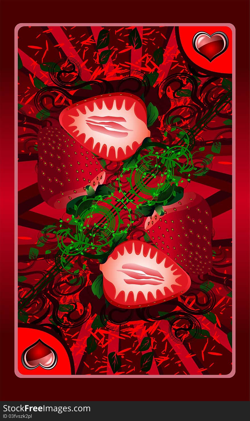 Playing card in red colors with images strawberries. Playing card in red colors with images strawberries