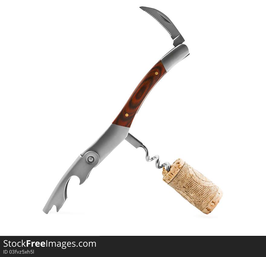 Modern metal corkscrew on a white background