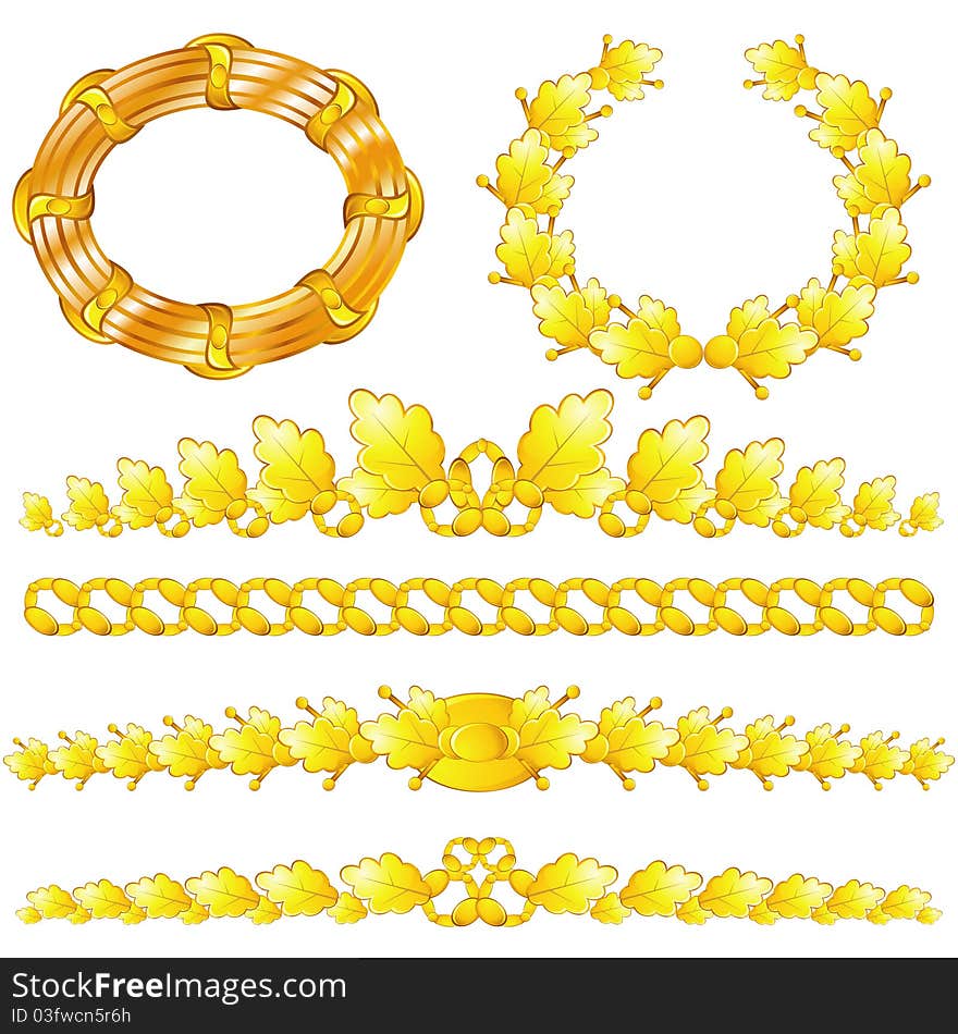 Set of isolated golden wreaths and dividers with oak leaves. Set of isolated golden wreaths and dividers with oak leaves