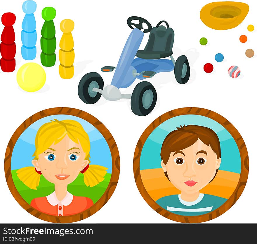 Set of a children games accessories and portraits B. Set of a children games accessories and portraits B