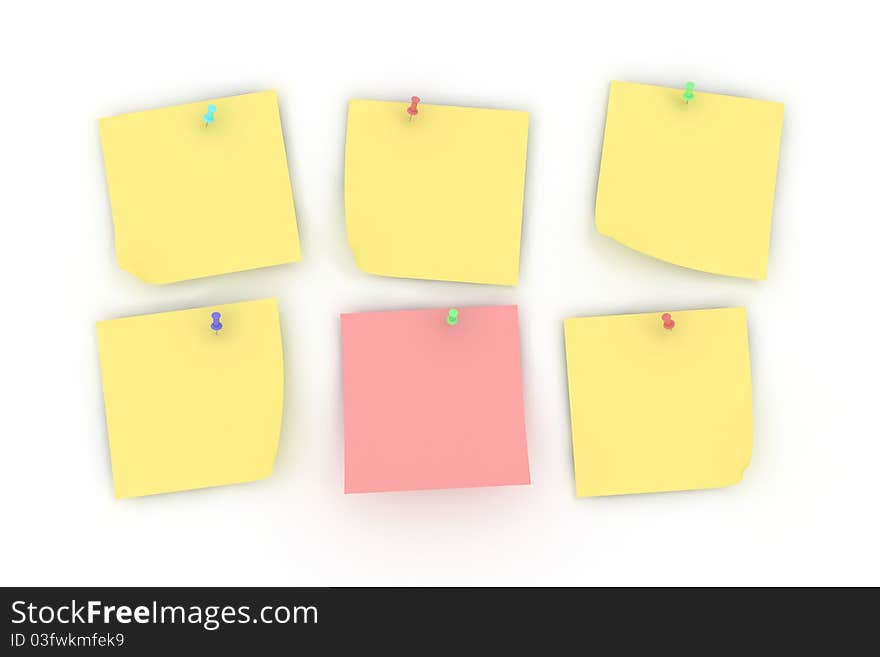 Yellow and pink reminder notes with pins. Yellow and pink reminder notes with pins