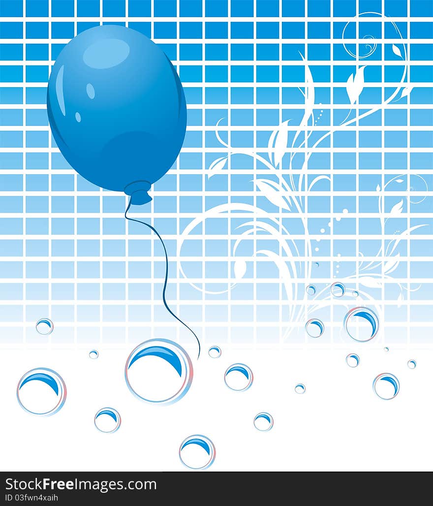 Blue balloon and bubbles on the mosaic background. Illustration