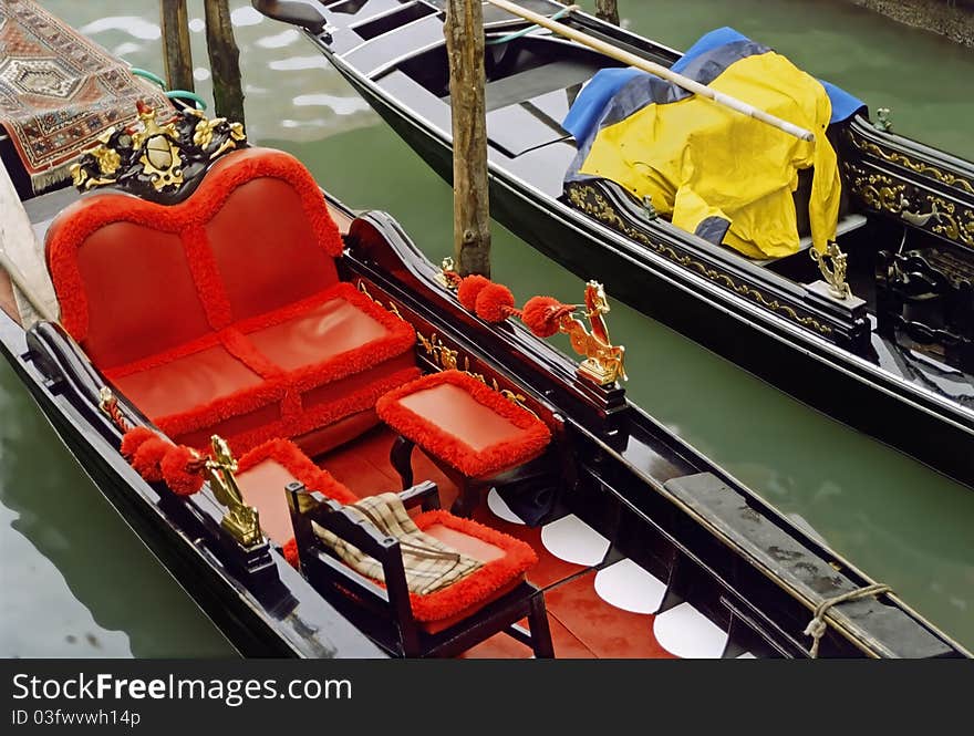 Gondolas on the sea in Venice, Italy.