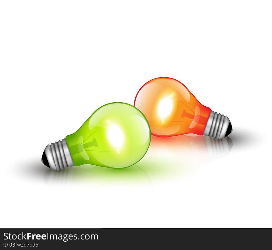 A pair of green and red  based light bulbs, with realistic reflection. A pair of green and red  based light bulbs, with realistic reflection.