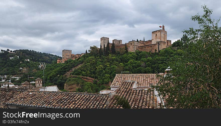 Alhambra Palace In Cloudy Day, Granada, Spain