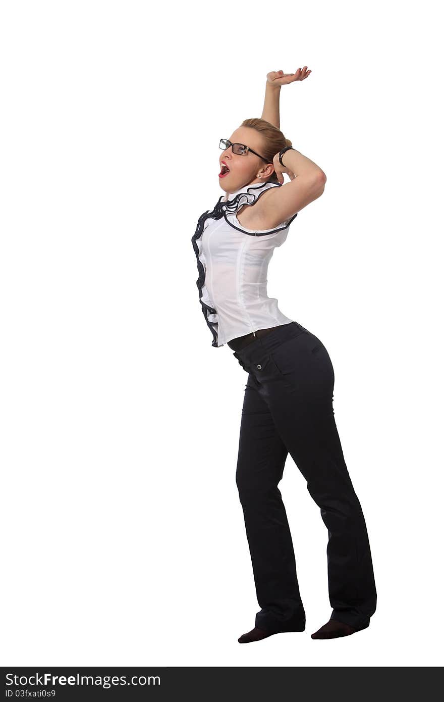 Tired young businesswoman yawn isolated on the white background