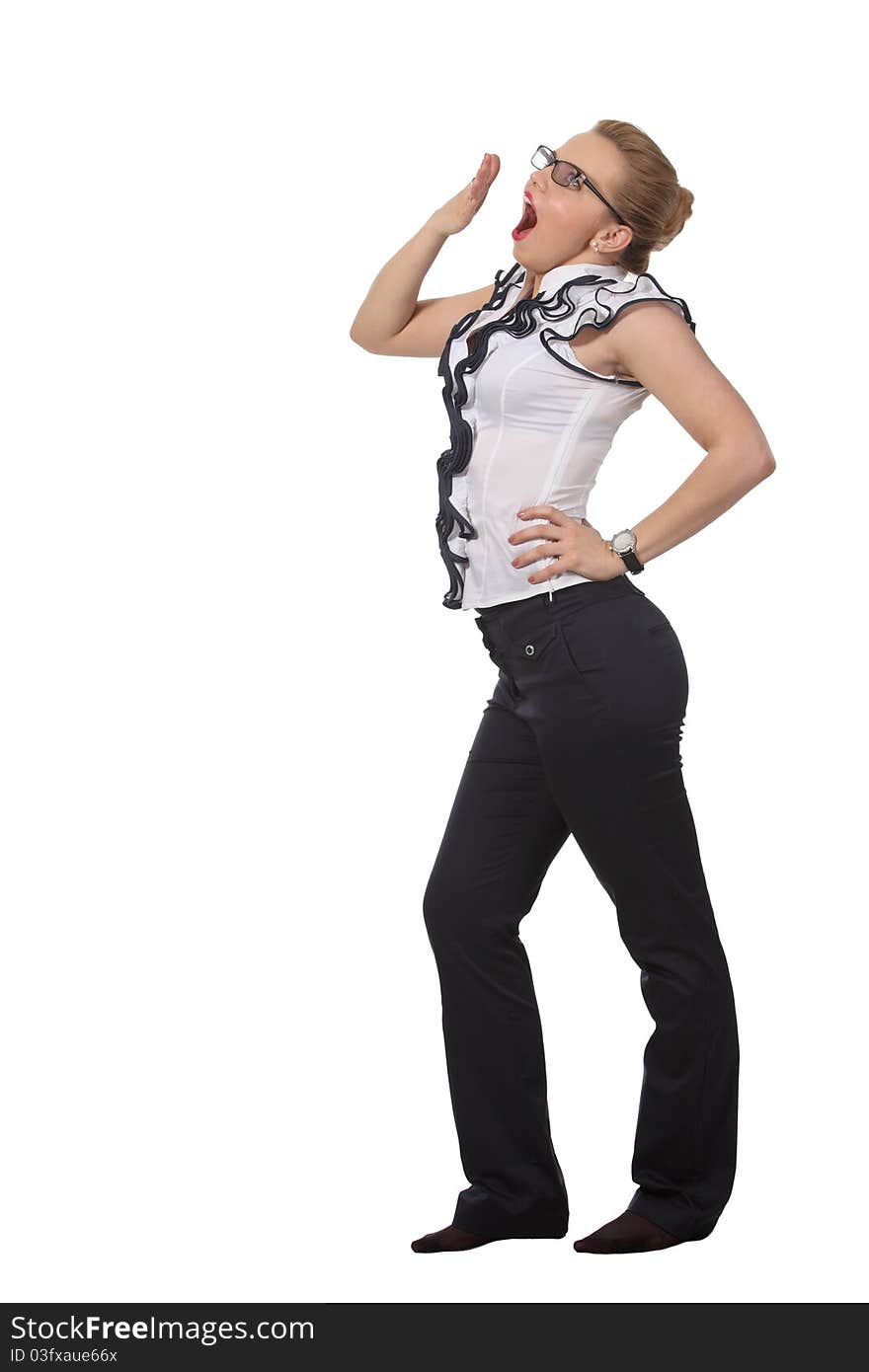 Tired young businesswoman yawn isolated on the white background