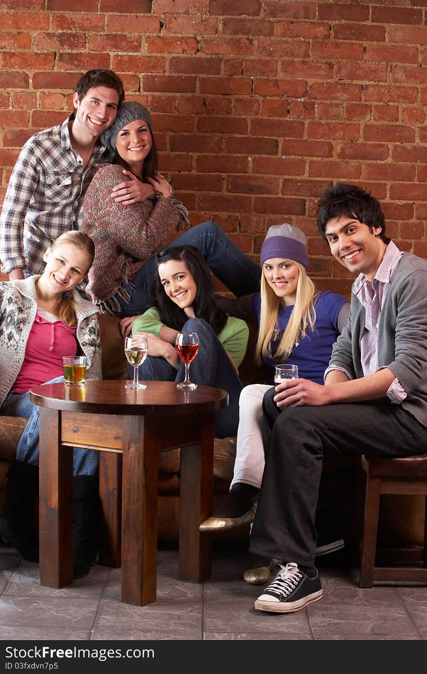 Young friends in cafe smiling at camera